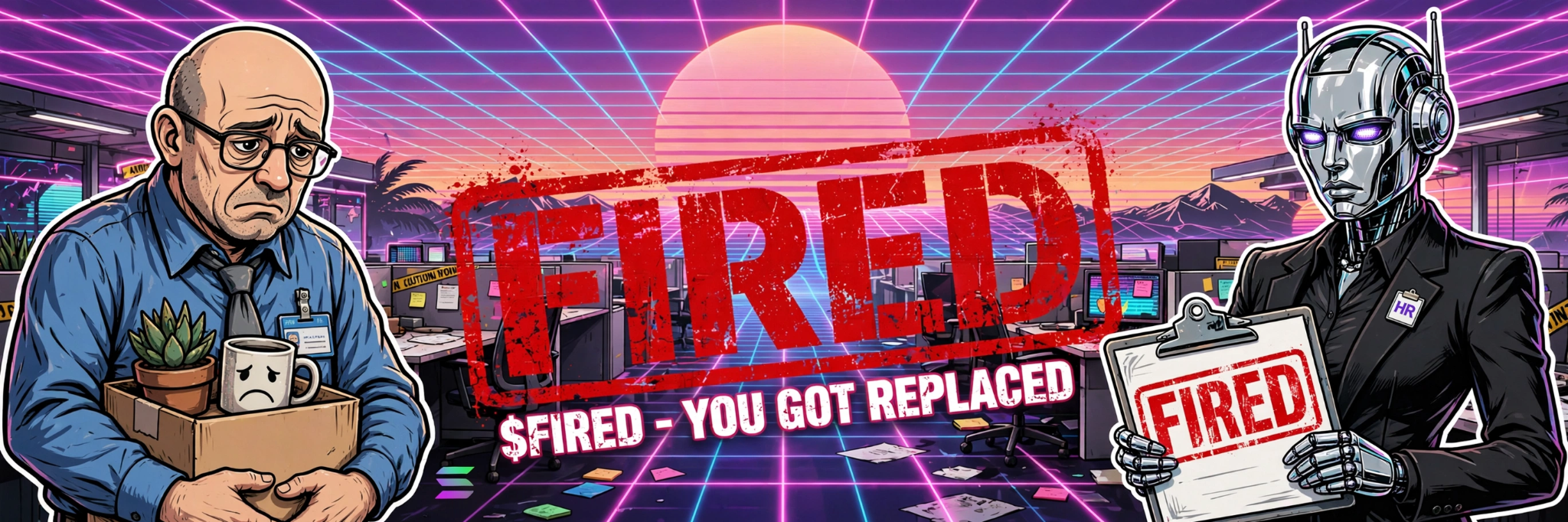 A distressed employee receives a fired notice from an AI HR representative in a neon office
