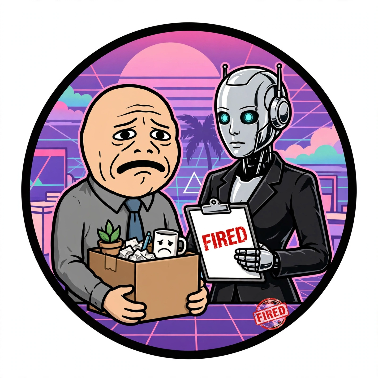 Sad employee holding a box while an AI HR representative holds a fired notice